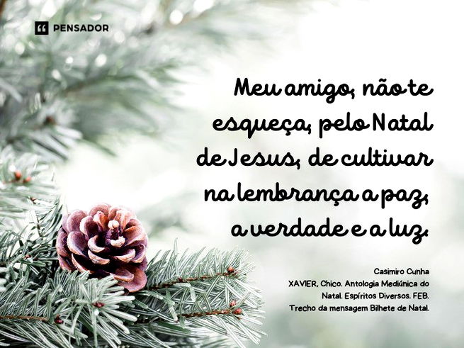 Meu amigo, não te esqueça, pelo Natal de Jesus, de cultivar na lembrança a paz, a verdade e a luz.  Casimiro Cunha  XAVIER, Chico. Antologia Mediúnica do Natal. Espíritos Diversos. FEB.  Trecho da mensagem Bilhete de Natal.