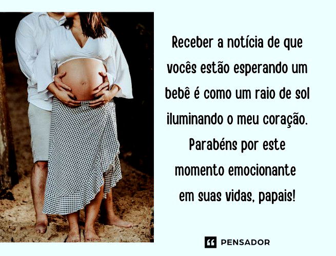 Receber a notícia de que vocês estão esperando um bebê é como um raio de sol iluminando o meu coração. Parabéns por este momento emocionante em suas vidas, papais!