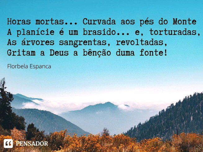 Horas mortas... Curvada aos pés do Monte A planície é um brasido... e, torturadas, As árvores sangrentas, revoltadas, Gritam a Deus a bênção duma fonte! Florbela Espanca