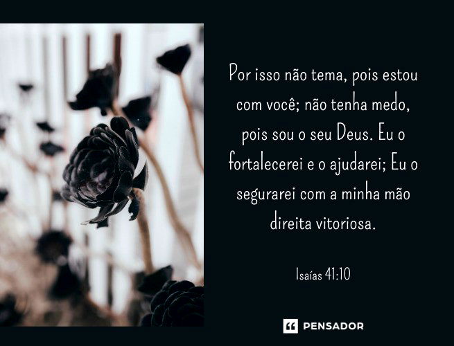 Por isso não tema, pois estou com você; não tenha medo, pois sou o seu Deus. Eu o fortalecerei e o ajudarei; Eu o segurarei com a minha mão direita vitoriosa. Isaías 41:10