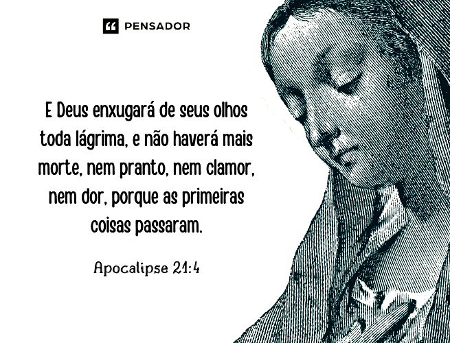 E Deus enxugará de seus olhos toda lágrima, e não haverá mais morte, nem pranto, nem clamor, nem dor, porque as primeiras coisas passaram. Apocalipse 21:4
