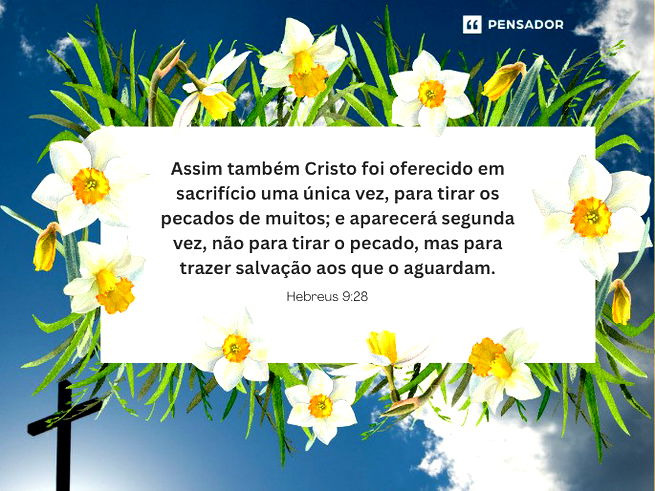 Assim também Cristo foi oferecido em sacrifício uma única vez, para tirar os pecados de muitos; e aparecerá segunda vez, não para tirar o pecado, mas para trazer salvação aos que o aguardam. Hebreus 9:28