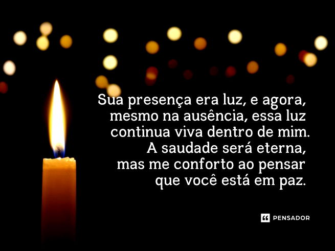 Sua presença era luz, e agora, mesmo na ausência, essa luz continua viva dentro de mim.  A saudade será eterna, mas me conforto ao pensar que você está em paz. Levo comigo suas lições e o amor que você espalhou.