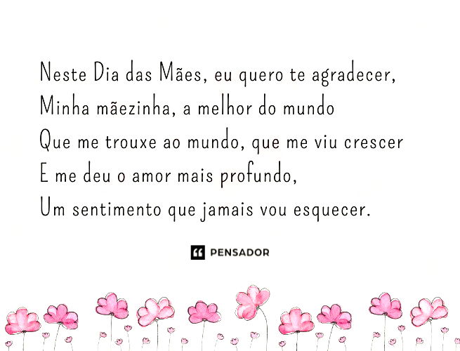 Neste Dia das Mães, eu quero te agradecer, Minha mãezinha, a melhor do mundo Que me trouxe ao mundo, que me viu crescer E me deu o amor mais profundo, Um sentimento que jamais vou esquecer.