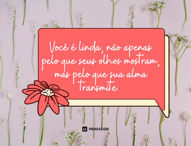 Você é linda, não apenas pelo que seus olhos mostram, mas pelo que sua alma transmite. 